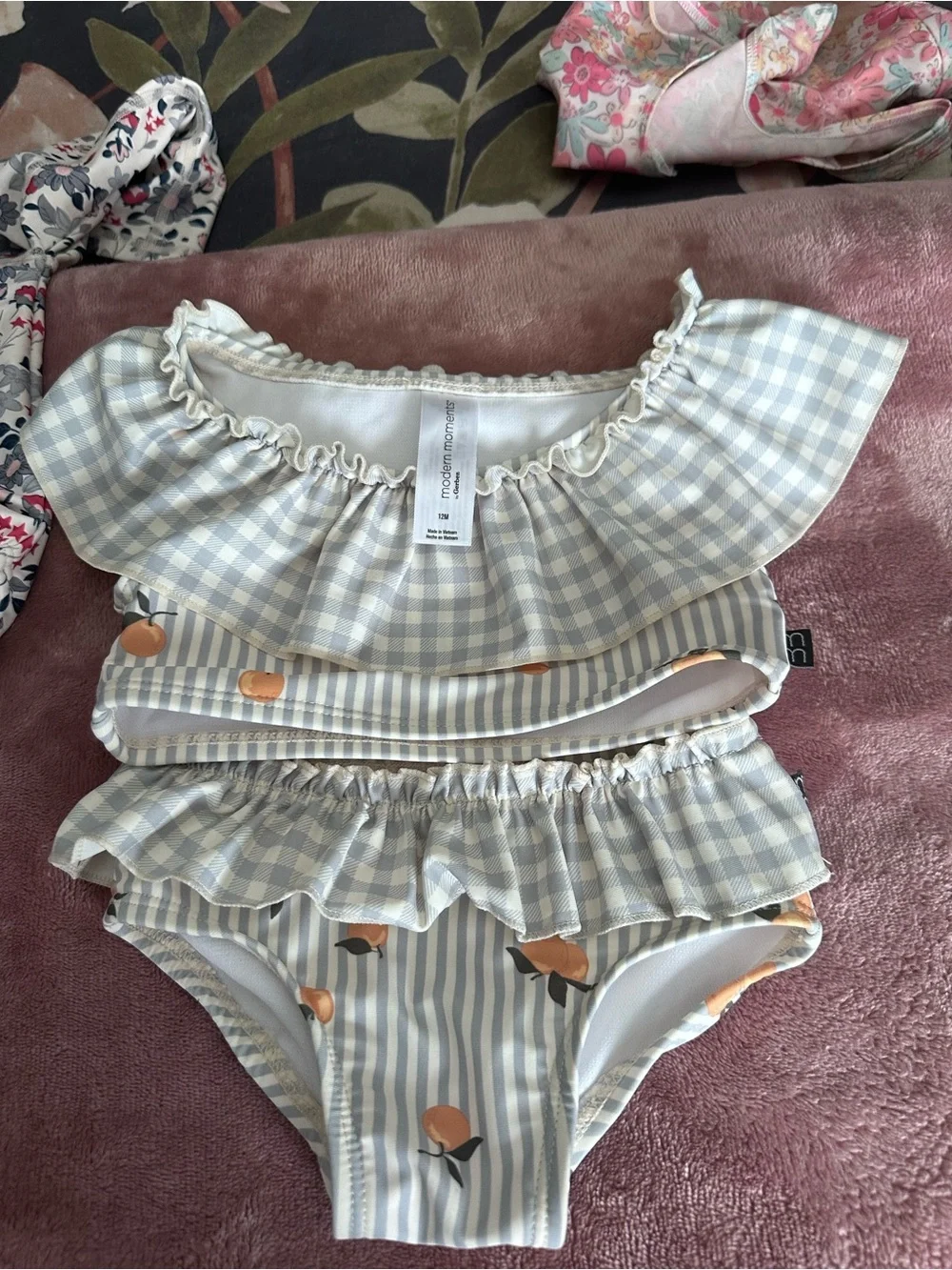 Gerber Light Blue and White Gingham Ruffle Two-Piece Swim Set with Peach Print